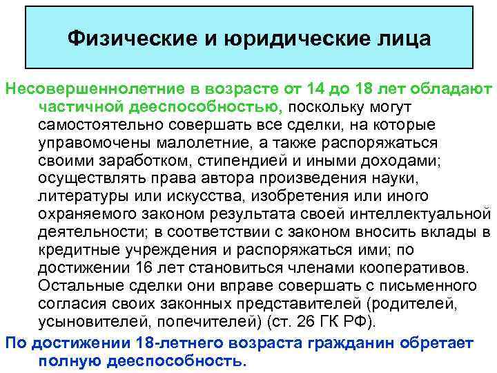 Физические и юридические лица Несовершеннолетние в возрасте от 14 до 18 лет обладают частичной