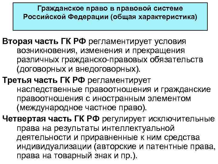 Гражданское право в правовой системе Российской Федерации (общая характеристика) Вторая часть ГК РФ регламентирует