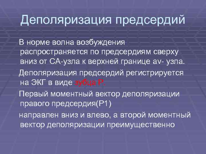 Деполяризация предсердий В норме волна возбуждения распространяется по предсердиям сверху вниз от СА-узла к