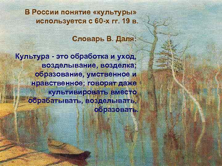  В России понятие «культуры» используется с 60 -х гг. 19 в. Словарь В.