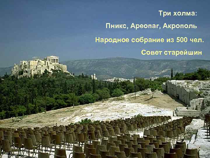  Три холма: Пникс, Ареопаг, Акрополь Народное собрание из 500 чел. Совет старейшин 