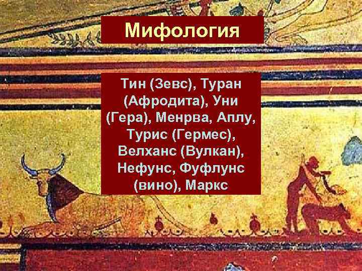  Мифология Тин (Зевс), Туран (Афродита), Уни (Гера), Менрва, Аплу, Турис (Гермес), Велханс (Вулкан),