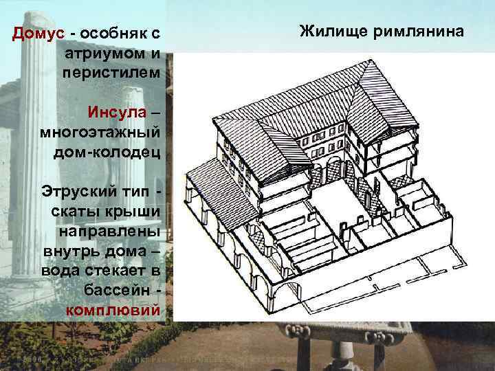 Домус - особняк с Жилище римлянина атриумом и перистилем Инсула – многоэтажный дом-колодец Этруский