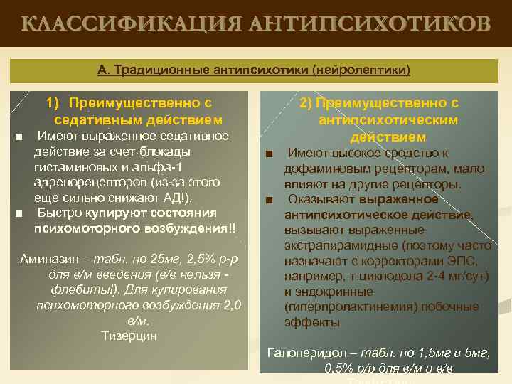 КЛАССИФИКАЦИЯ АНТИПСИХОТИКОВ А. Традиционные антипсихотики (нейролептики) 1) Преимущественно с седативным действием ■ Имеют выраженное