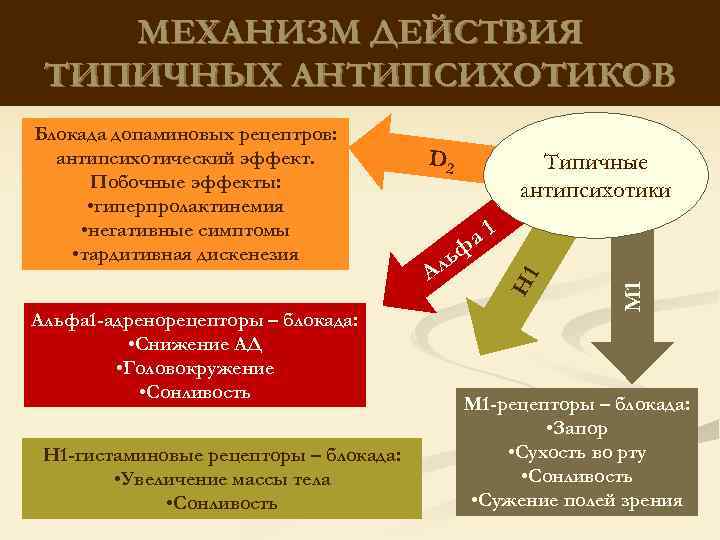 МЕХАНИЗМ ДЕЙСТВИЯ ТИПИЧНЫХ АНТИПСИХОТИКОВ Н 1 -гистаминовые рецепторы – блокада: • Увеличение массы тела