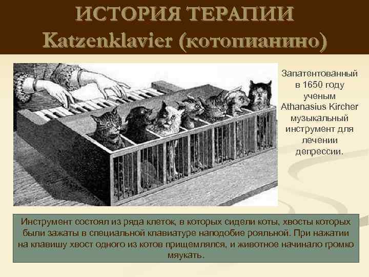 ИСТОРИЯ ТЕРАПИИ Katzenklavier (котопианино) Запатентованный в 1650 году ученым Athanasius Kircher музыкальный инструмент для