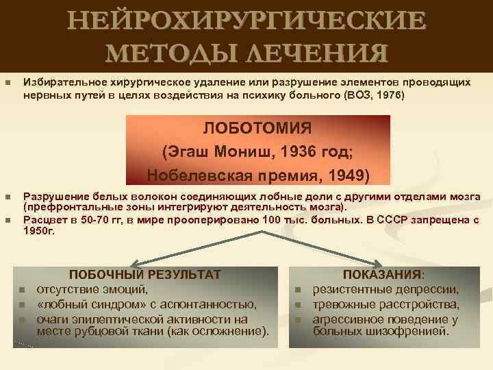 НЕЙРОХИРУРГИЧЕСКИЕ МЕТОДЫ ЛЕЧЕНИЯ n Избирательное хирургическое удаление или разрушение элементов проводящих нервных путей в