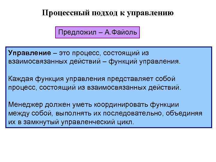  Процессный подход к управлению Предложил – А. Файоль Управление – это процесс, состоящий