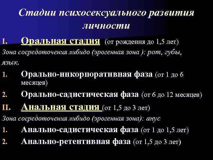  Стадии психосексуального развития   личности I.  Оральная стадия  (от рождения