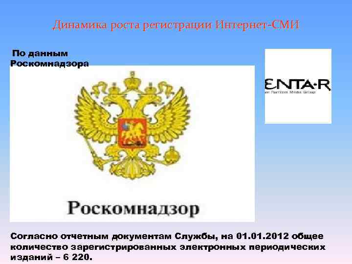   Динамика роста регистрации Интернет-СМИ  По данным Роскомнадзора Согласно отчетным документам Службы,