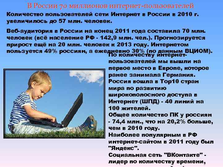  В России 70 миллионов интернет-пользователей Количество пользователей сети Интернет в России в 2010