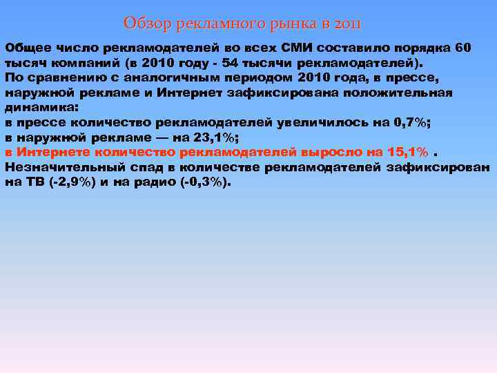    Обзор рекламного рынка в 2011 Общее число рекламодателей во всех СМИ