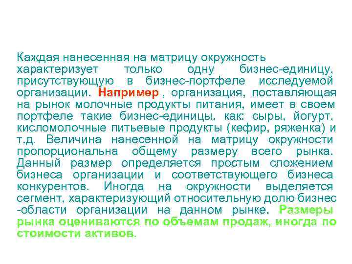 Каждая нанесенная на матрицу окружность характеризует только  одну  бизнес-единицу, присутствующую в бизнес-портфеле