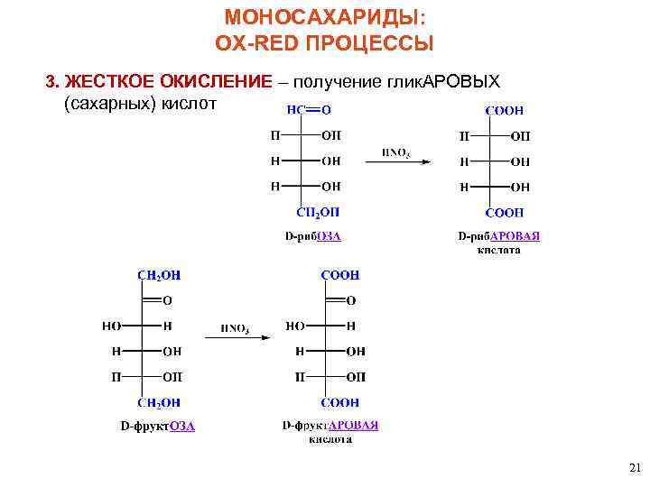 МОНОСАХАРИДЫ: OX-RED ПРОЦЕССЫ 3. ЖЕСТКОЕ ОКИСЛЕНИЕ – получение глик. АРОВЫХ (сахарных) кислот 21 