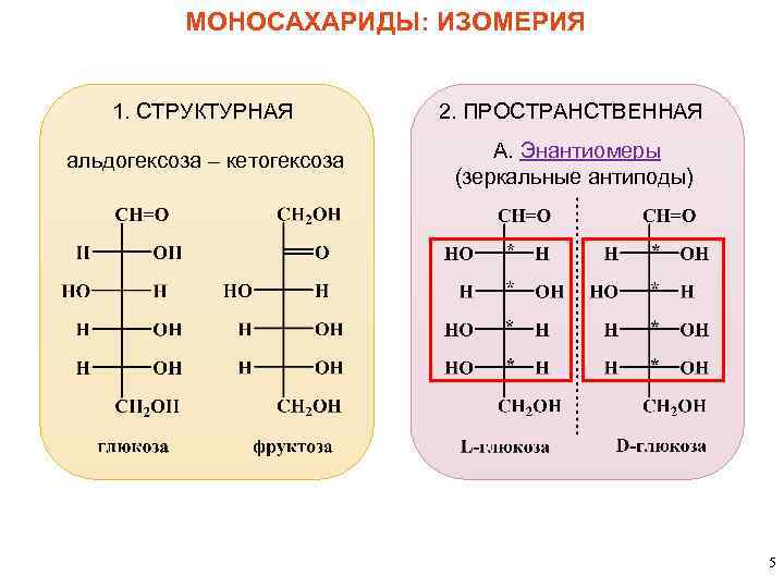 МОНОСАХАРИДЫ: ИЗОМЕРИЯ 1. СТРУКТУРНАЯ 2. ПРОСТРАНСТВЕННАЯ альдогексоза – кетогексоза А. Энантиомеры (зеркальные антиподы) 5