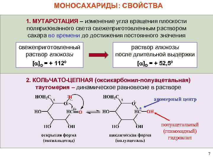 МОНОСАХАРИДЫ: СВОЙСТВА 1. МУТАРОТАЦИЯ – изменение угла вращения плоскости поляризованного света свежеприготовленным раствором сахара
