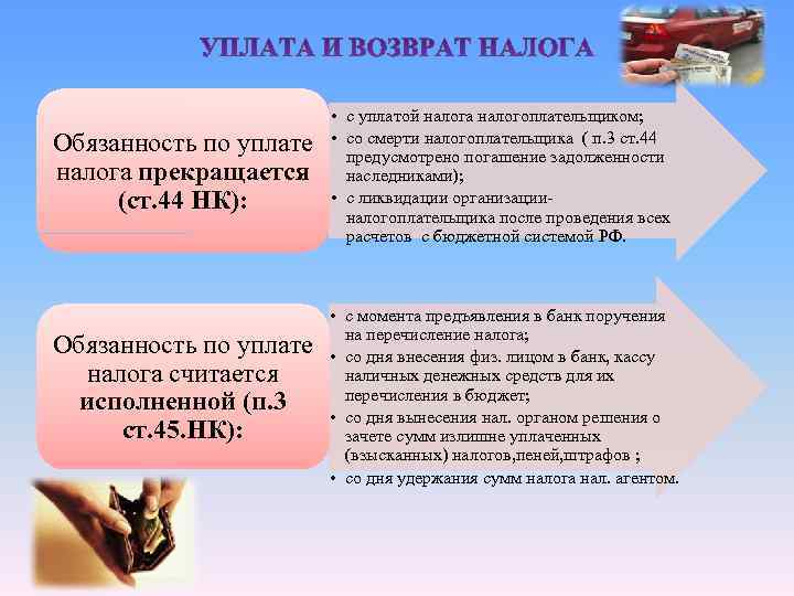 • с уплатой налога налогоплательщиком; Обязанность по уплате • с уплатой налога налогоплательщиком; Обязанность по уплате
