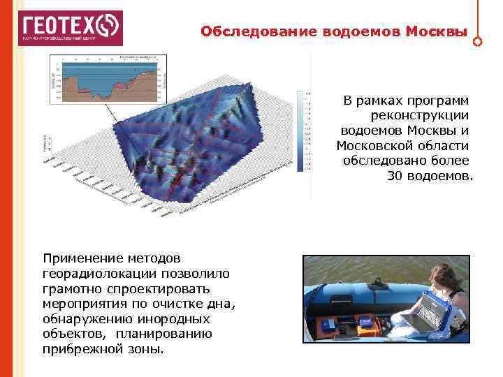 ВЫСОКАЯ ИНФОРМАТИВНОСТЬ И НЕПРЕРЫВНОСТЬ ОБСЛЕДОВАНИЯ Обследование водоемов Москвы В рамках программ реконструкции водоемов Москвы
