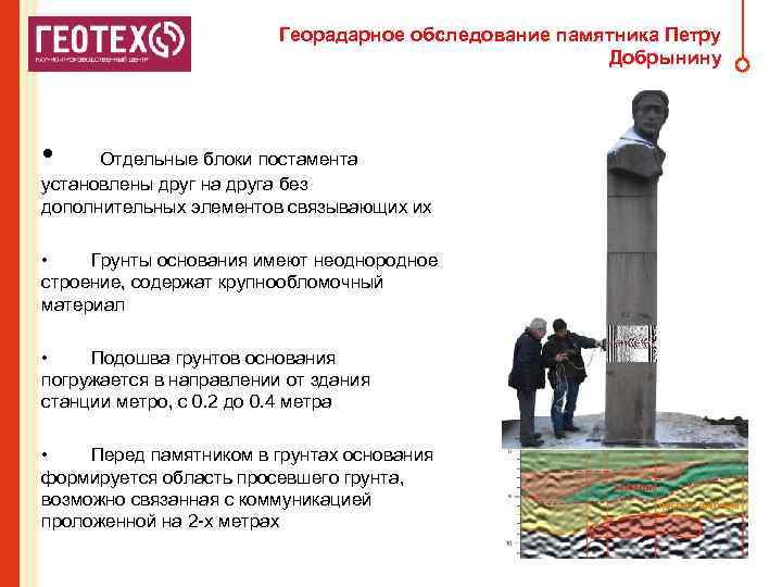 Георадарное обследование памятника Петру Добрынину • Отдельные блоки постамента установлены друг на друга без