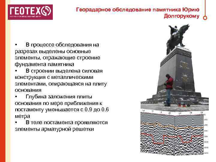 Георадарное обследование памятника Юрию Долгорукому • В процессе обследования на разрезах выделены основные элементы,