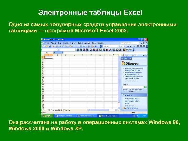    Электронные таблицы Excel Одно из самых популярных средств управления электронными таблицами