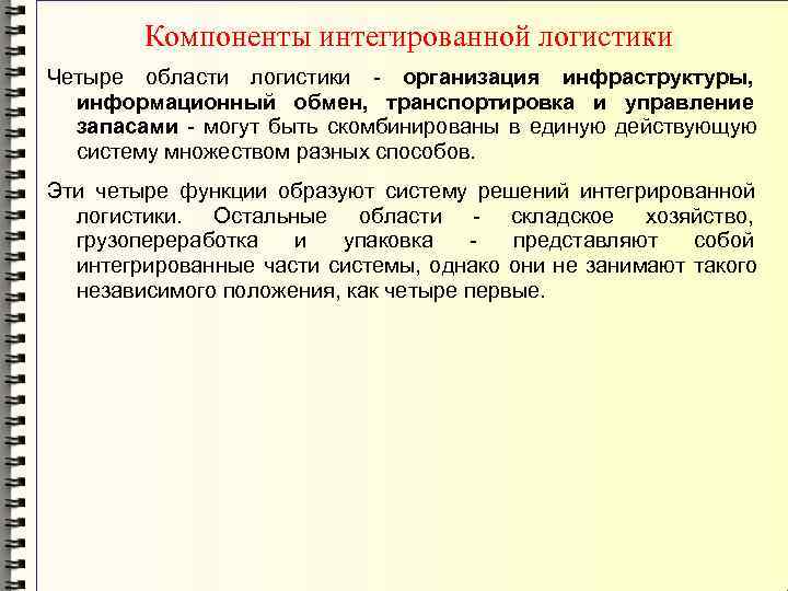    Компоненты интегированной логистики Четыре области логистики - организация инфраструктуры, информационный обмен,