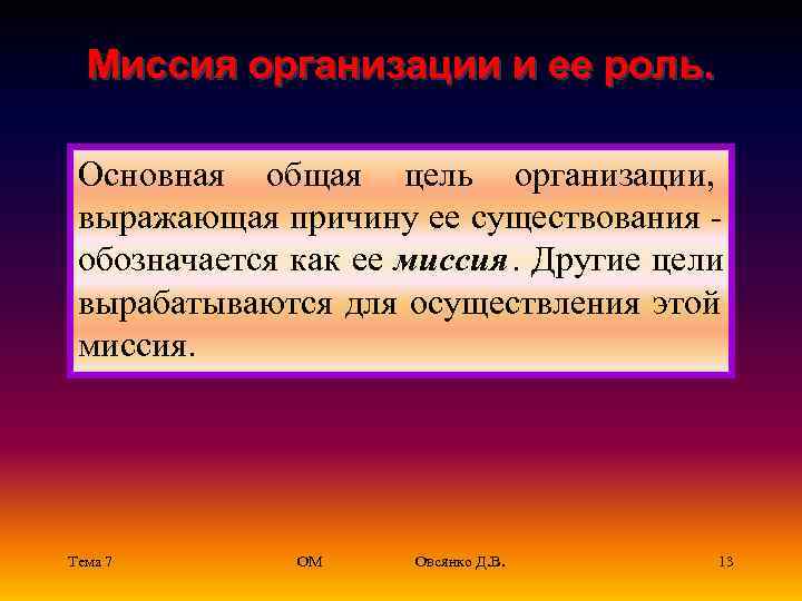  Миссия организации и ее роль.  Основная общая цель организации,  выражающая причину