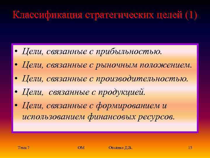 Классификация стратегических целей (1)  • Цели, связанные с прибыльностью.  • Цели, связанные