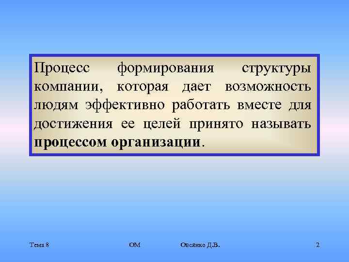  Процесс  формирования  структуры компании, которая дает возможность людям эффективно работать вместе