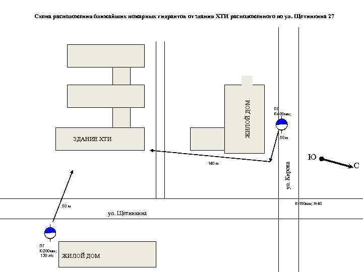 Схема расположения ближайших пожарных гидрантов от здания ХТИ расположенного по ул. Щетинкина 27 