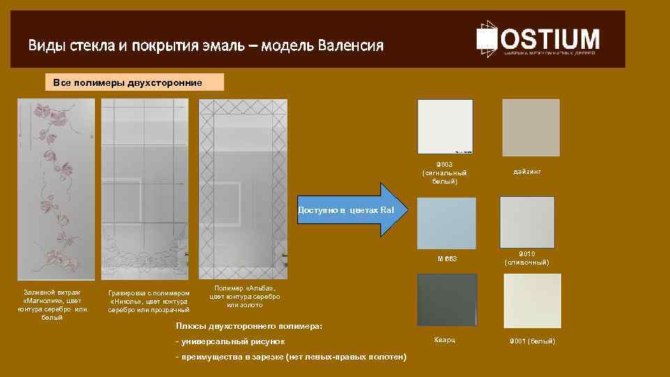 Виды стекла и покрытия эмаль – модель Валенсия Все полимеры двухсторонние 9003 (сигнальный белый)