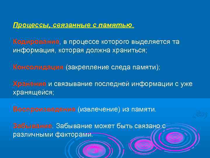 Процессы, связанные с памятью.  Кодирование, в процессе которого выделяется та информация, которая должна