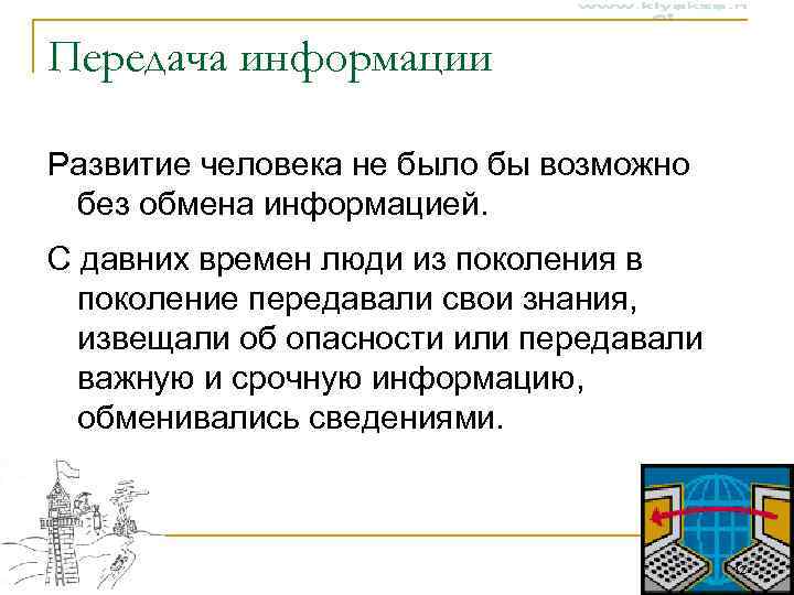 Передача информации Развитие человека не было бы возможно без обмена информацией. С давних времен