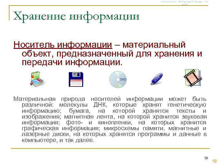 Хранение информации Носитель информации – материальный объект, предназначенный для хранения и передачи информации. 