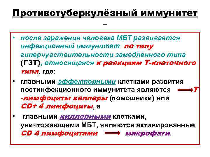Противотуберкулёзный иммунитет – • после заражения человека МБТ развивается инфекционный Противотуберкулёзный иммунитет – • после заражения человека МБТ развивается инфекционный