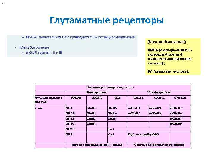 . Глутаматные рецепторы (N-метил-D-аспартат); . Глутаматные рецепторы (N-метил-D-аспартат);