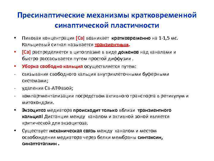   Пресинаптические механизмы кратковременной    синаптической пластичности • Пиковая концентрация [Ca]