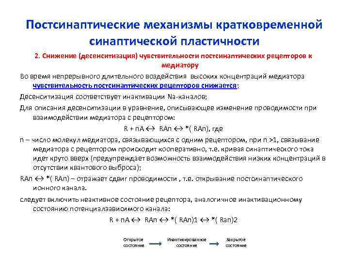  Постсинаптические механизмы кратковременной  синаптической пластичности 2. Снижение (десенситизация) чувствительности постсинаптических рецепторов к