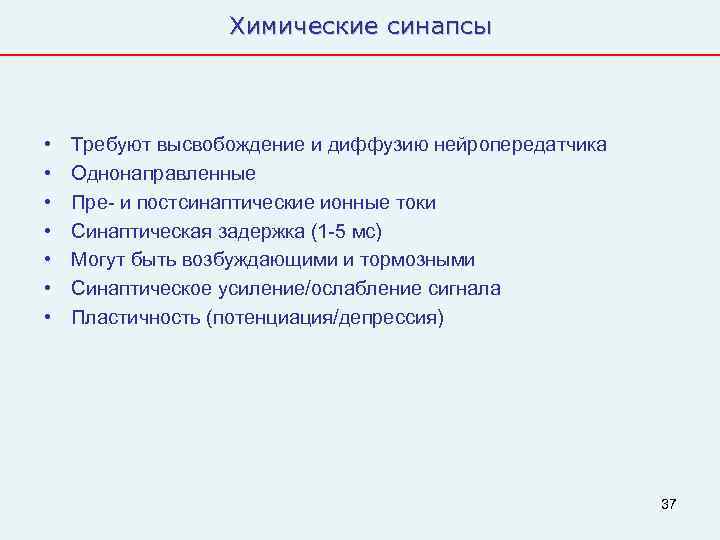    Химические синапсы •  Требуют высвобождение и диффузию нейропередатчика • 