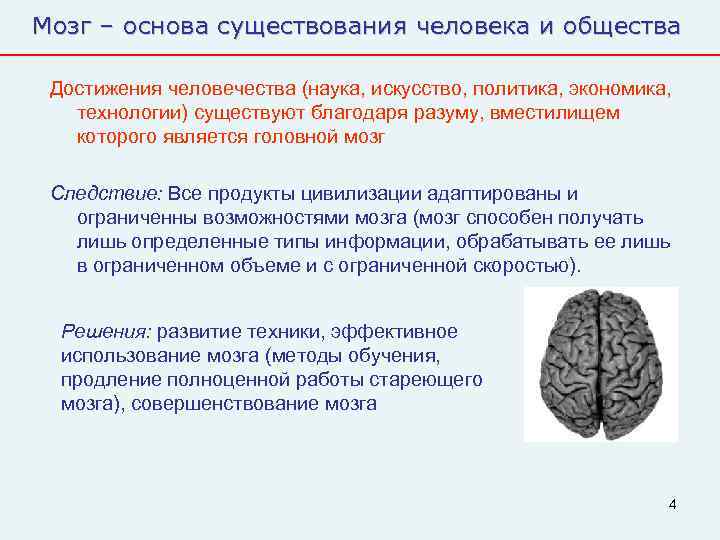 Мозг – основа существования человека и общества  Достижения человечества (наука, искусство, политика, экономика,