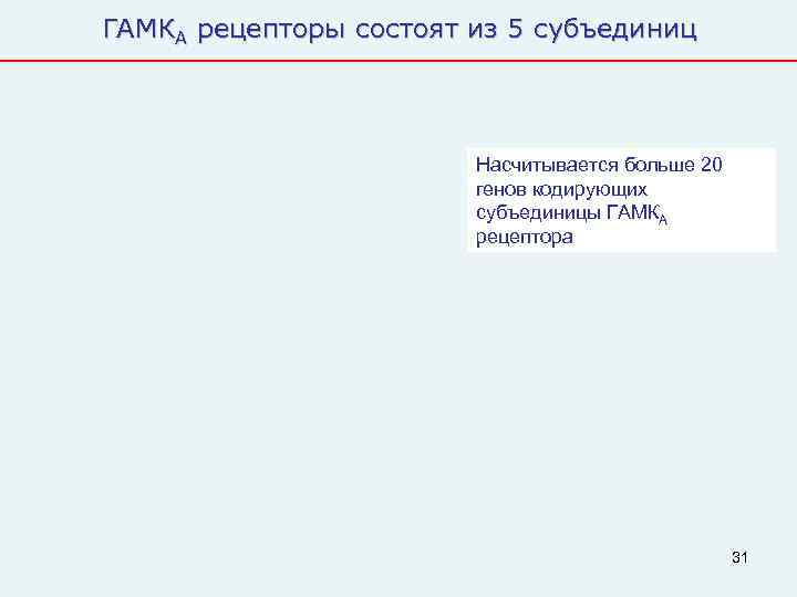 ГАМКА рецепторы состоят из 5 субъединиц     Насчитывается больше 20 