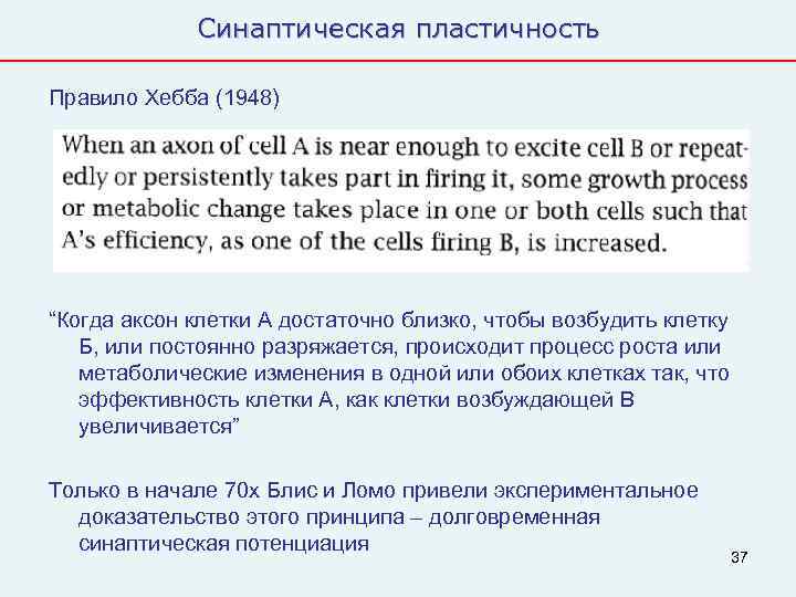    Синаптическая пластичность Правило Хебба (1948) “Когда аксон клетки А достаточно близко,