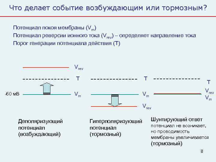 Что делает событие возбуждающим или тормозным? Потенциал покоя мембраны (Vm)  Потенциал реверсии