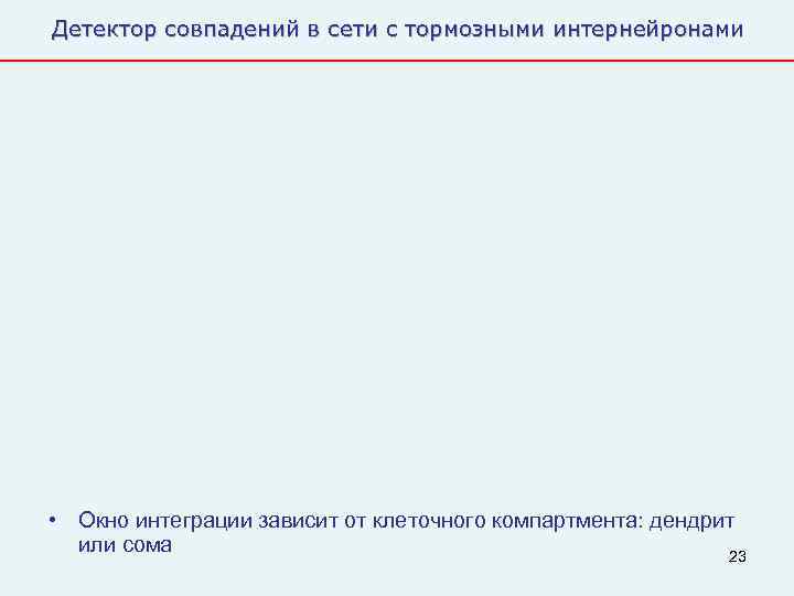 Детектор совпадений в сети с тормозными интернейронами • Окно интеграции зависит от клеточного компартмента: