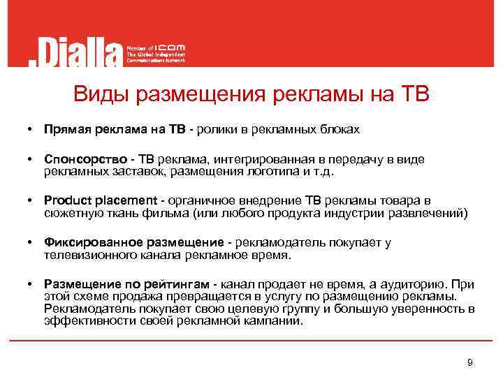   Виды размещения рекламы на ТВ • Прямая реклама на ТВ - ролики