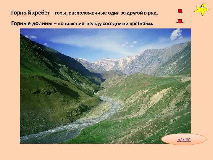 Горный хребет – горы, расположенные одна за другой в ряд. Горные долины – понижения