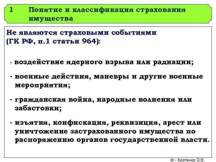 1 Понятие и классификация страхования  имущества Не являются страховыми событиями (ГК РФ, п.
