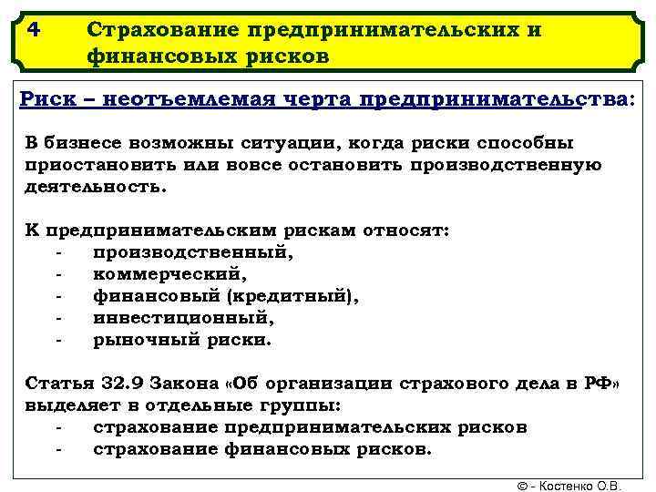 4  Страхование предпринимательских и финансовых рисков Риск – неотъемлемая черта предпринимательства: В бизнесе