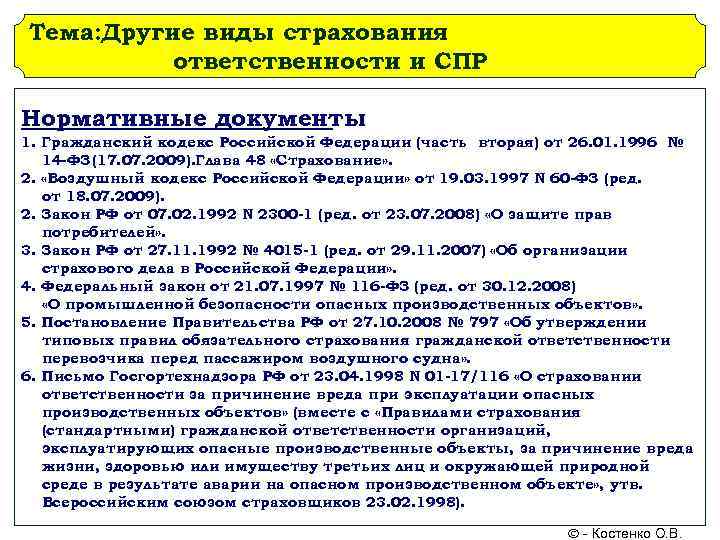 Тема: Другие виды страхования  ответственности и СПР Нормативные документы 1. Гражданский кодекс Российской