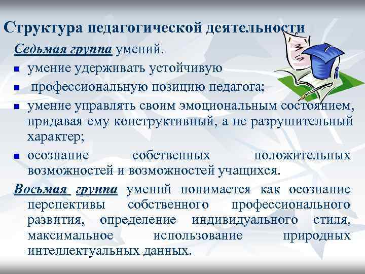 Группа умений. Структура педагогической профессии. Педагогическая профессия носит индивидуальный характер.